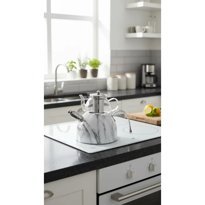 Nisev Beyaz Mermer Desenli Düdüklü Çaydanlık Cam - Paslanmaz Çelik