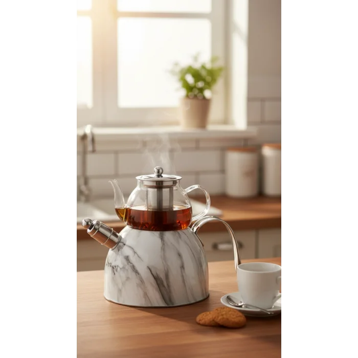 Nisev Beyaz Mermer Desenli Düdüklü Çaydanlık Cam - Paslanmaz Çelik