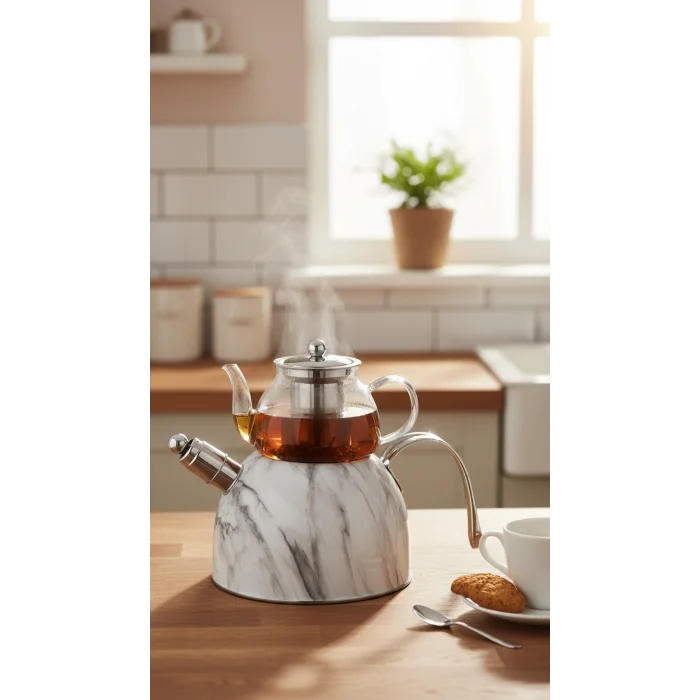 Nisev Beyaz Mermer Desenli Düdüklü Çaydanlık Cam - Paslanmaz Çelik