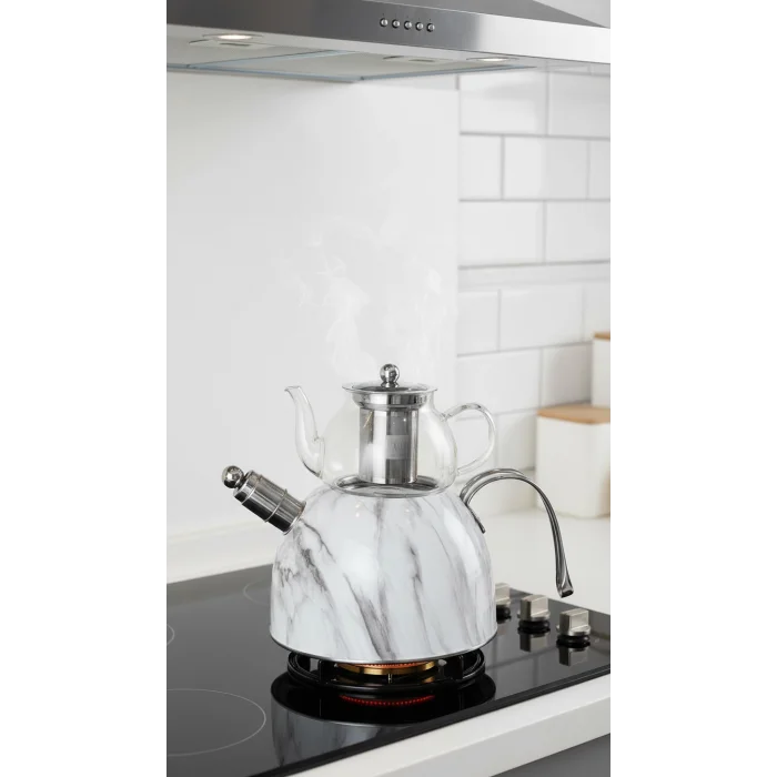 Nisev Mermer Düdüklü Çelik Cam Çaydanlık Takımı – Premium Tasarım