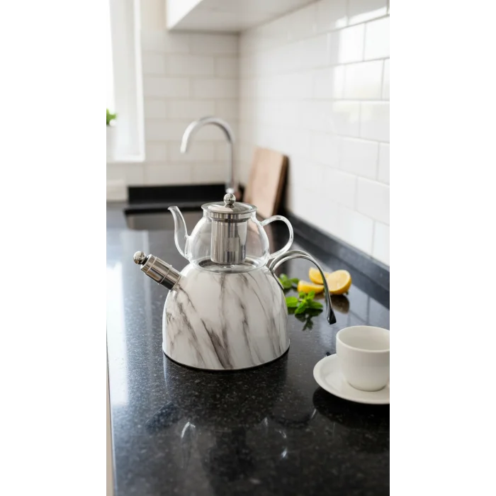 Nisev Mermer Düdüklü Çelik Cam Çaydanlık Takımı – Premium Tasarım