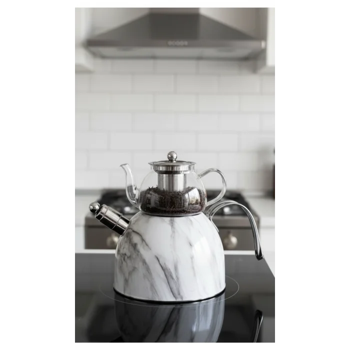 Nisev Mermer Düdüklü Çelik Cam Çaydanlık Takımı – Premium Tasarım