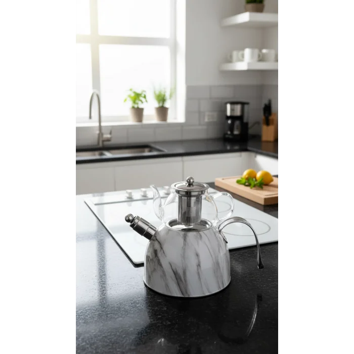 Nisev Mermer Düdüklü Çelik Cam Çaydanlık Takımı – Premium Tasarım