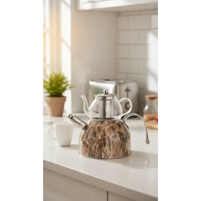 Nisev Lüks Mermer Düdüklü Çelik Cam Çaydanlık Takımı – Özel Tasarım