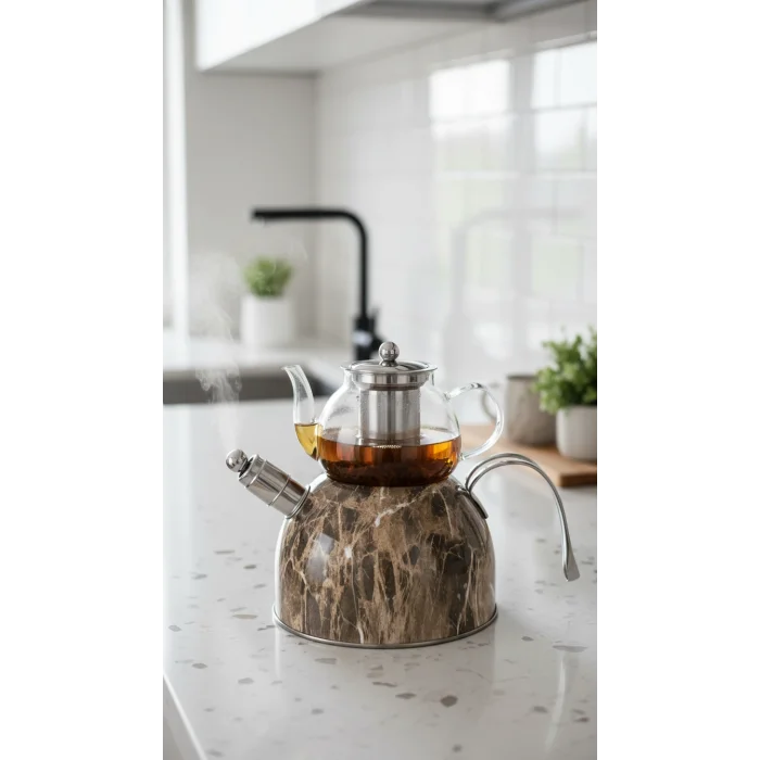 Nisev Lüks Mermer Düdüklü Çelik Cam Çaydanlık Takımı – Özel Tasarım