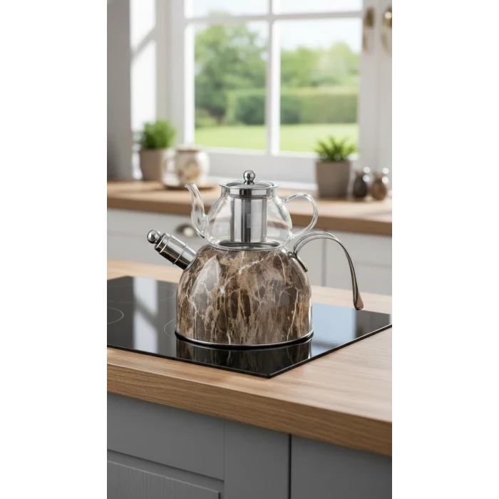 Nisev Lüks Mermer Düdüklü Çelik Cam Çaydanlık Takımı – Özel Tasarım