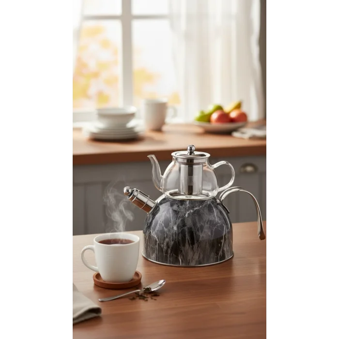 Nisev Mermer Düdüklü Çelik-Cam Çaydanlık Takımı – Özel Tasarım, Yüksek Performanslı