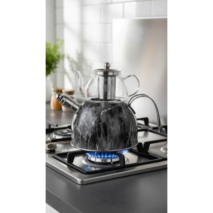 Nisev Mermer Düdüklü Çelik-Cam Çaydanlık Takımı – Özel Tasarım, Yüksek Performanslı