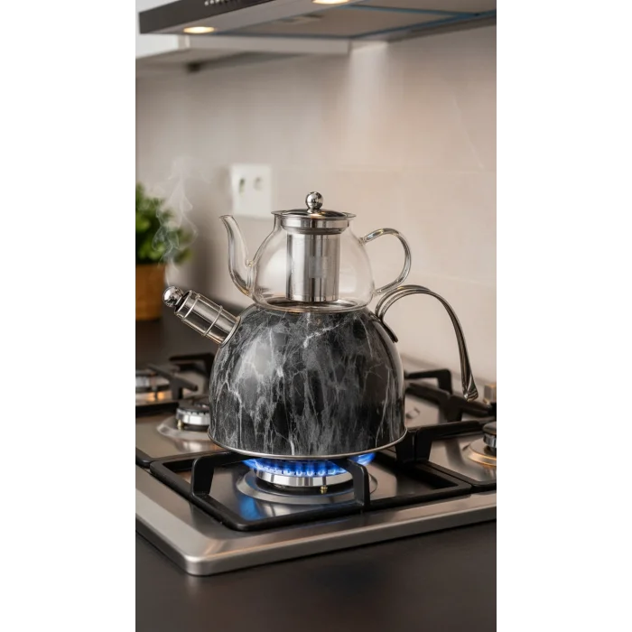 Nisev Mermer Düdüklü Çelik-Cam Çaydanlık Takımı – Özel Tasarım, Yüksek Performanslı