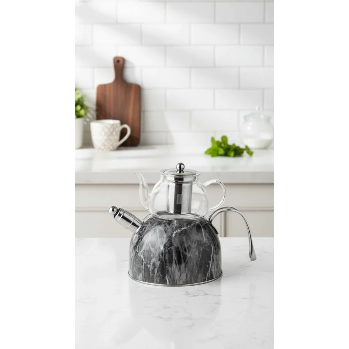 Nisev Mermer Düdüklü Çelik-Cam Çaydanlık Takımı – Özel Tasarım, Yüksek Performanslı