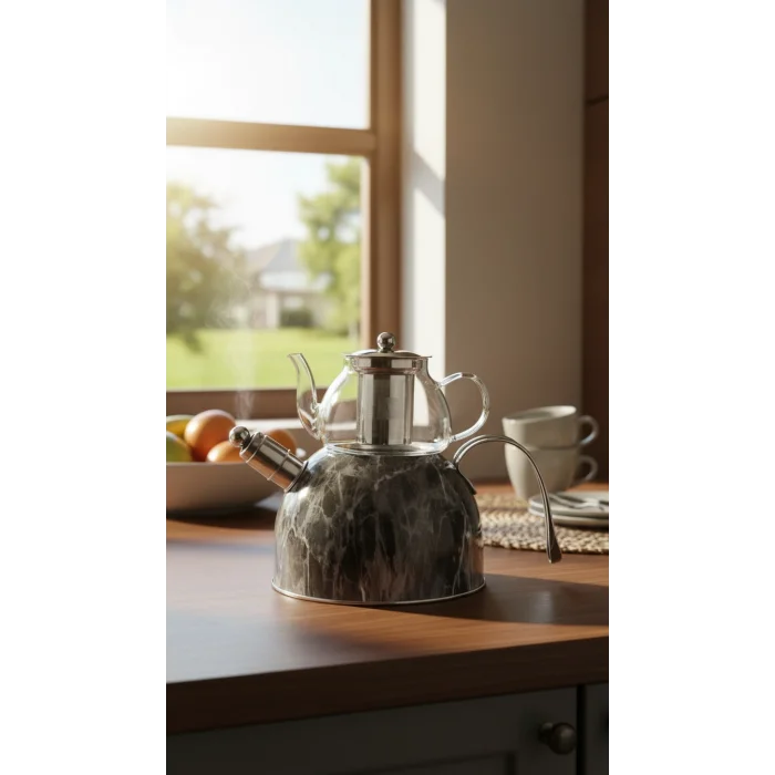 Nisev Mermer Düdüklü Çelik Cam Çaydanlık Takımı – Gri Lüks Şıklık