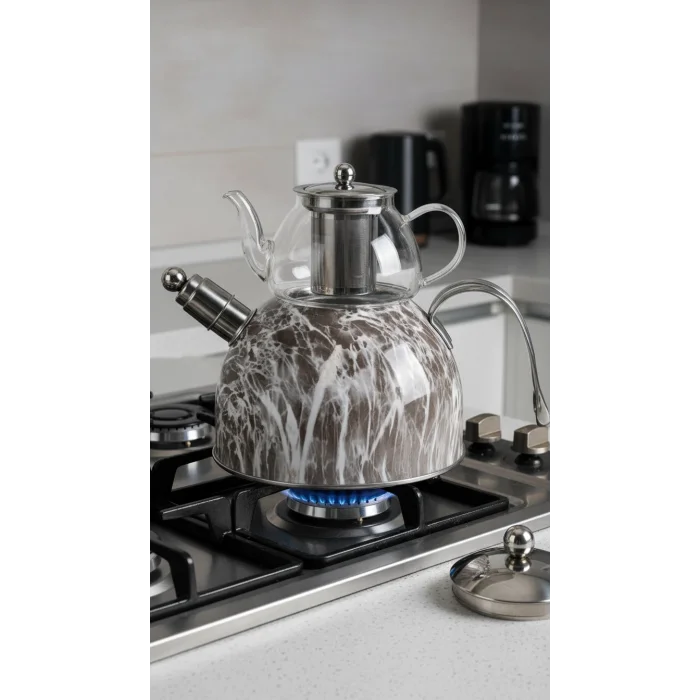 Nisev Lüks Mermer Desenli Cam Düdüklü Çaydanlık – Paslanmaz Çelik