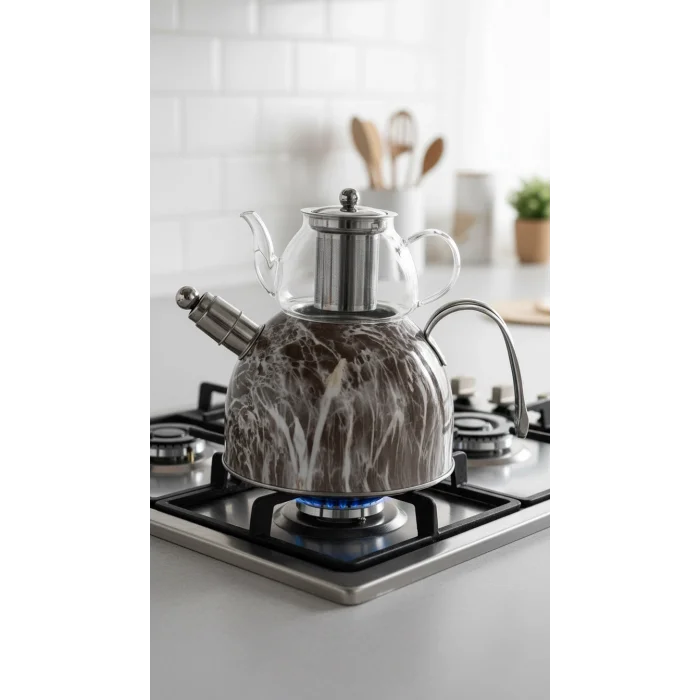 Nisev Lüks Mermer Desenli Cam Düdüklü Çaydanlık – Paslanmaz Çelik