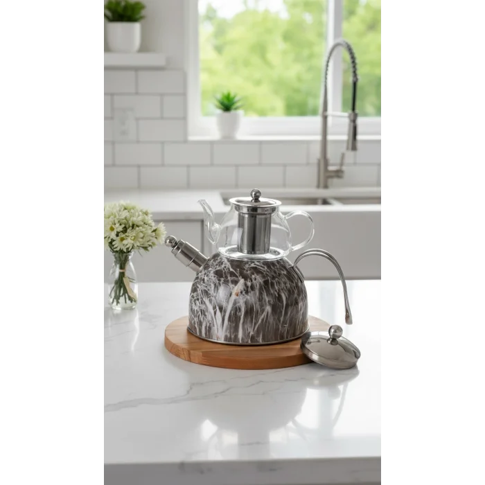 Nisev Lüks Mermer Desenli Cam Düdüklü Çaydanlık – Paslanmaz Çelik