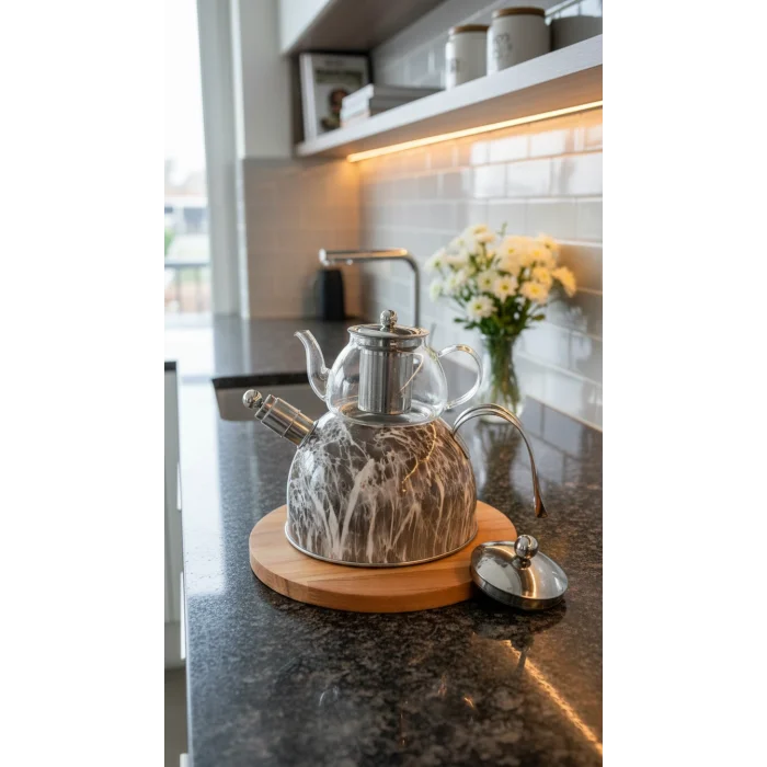 Nisev Premium Mermer Düdüklü Çelik-Cam Çaydanlık Takımı