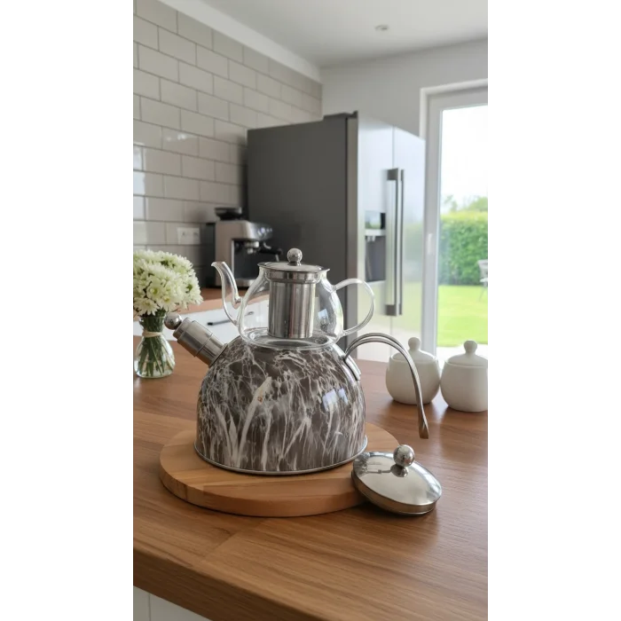 Nisev Premium Mermer Düdüklü Çelik-Cam Çaydanlık Takımı