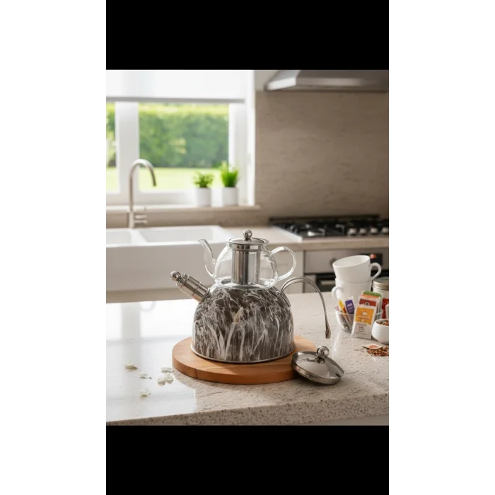 Nisev Premium Mermer Düdüklü Çelik-Cam Çaydanlık Takımı