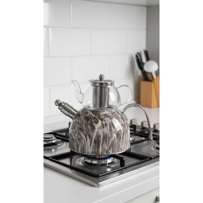 Nisev Mermer Düdüklü Cam Çaydanlık Takımı