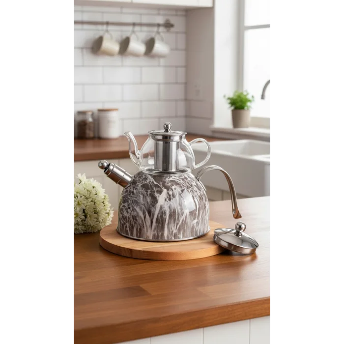 Nisev Mermer Düdüklü Cam Çaydanlık Takımı