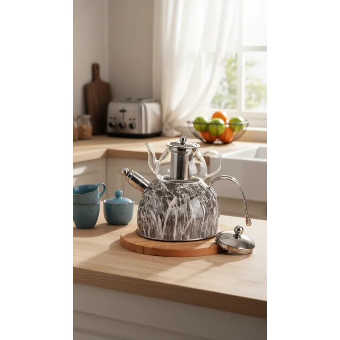 Nisev Mermer Düdüklü Cam Çaydanlık Takımı