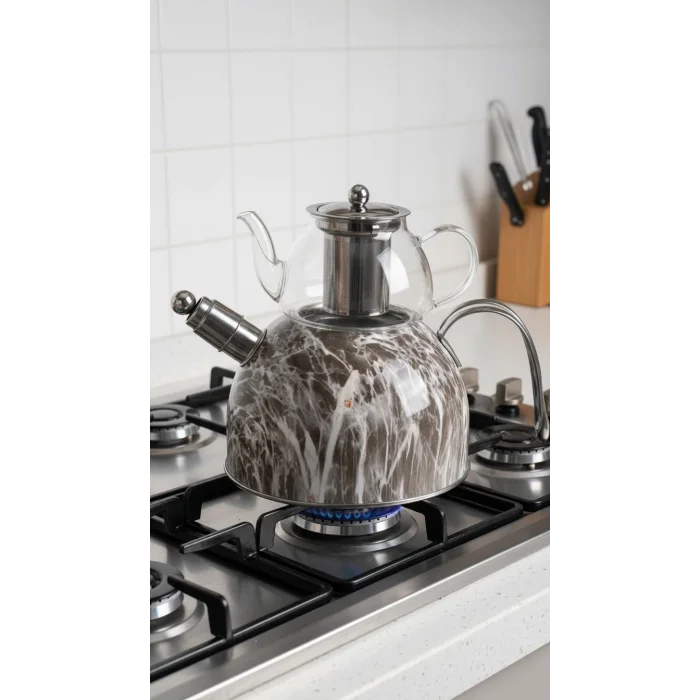 Nisev Pro Mermer Düdüklü Çelik Cam Çaydanlık Takımı – Lüks Açık Gri