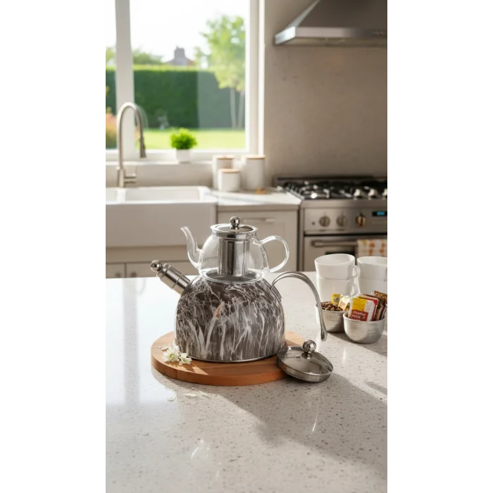 Nisev Pro Mermer Düdüklü Çelik Cam Çaydanlık Takımı – Lüks Açık Gri