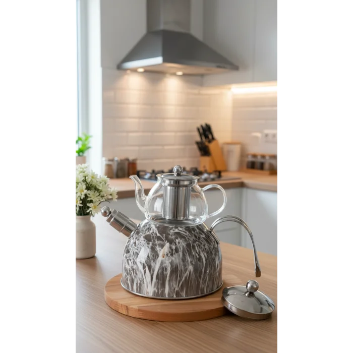 Nisev Pro Mermer Düdüklü Çelik Cam Çaydanlık Takımı – Lüks Açık Gri