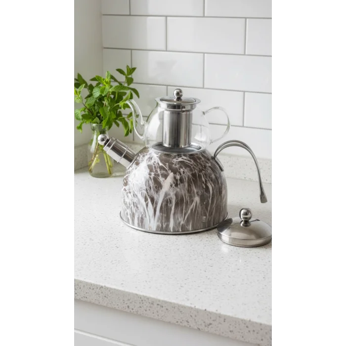 Nisev Pro Mermer Düdüklü Çelik Cam Çaydanlık Takımı – Lüks Açık Gri