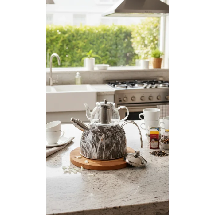 Nisev Pro Mermer Düdüklü Çelik Cam Çaydanlık Takımı – Lüks Açık Gri