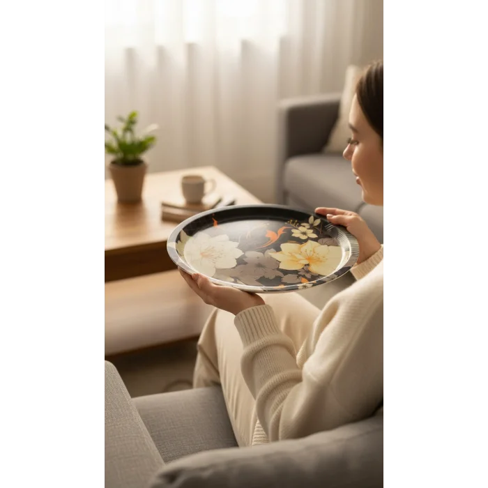 Premium 35 cm Dekoratif Metal Yuvarlak Tepsi – Özel Tasarım