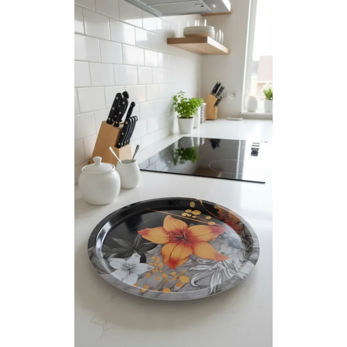 Premium 35 cm Dekoratif Metal Yuvarlak Tepsi – Özel Tasarım