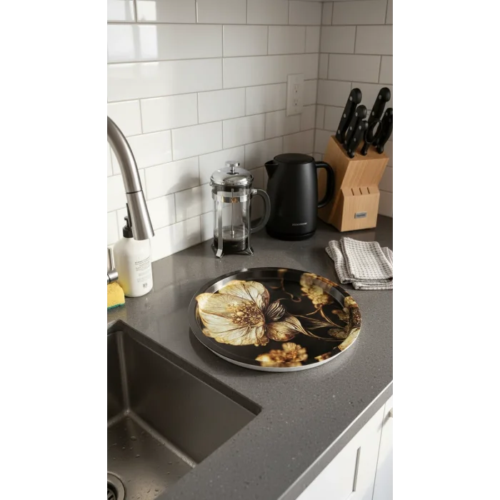 Premium 35 cm Dekoratif Metal Yuvarlak Tepsi – Özel Tasarım