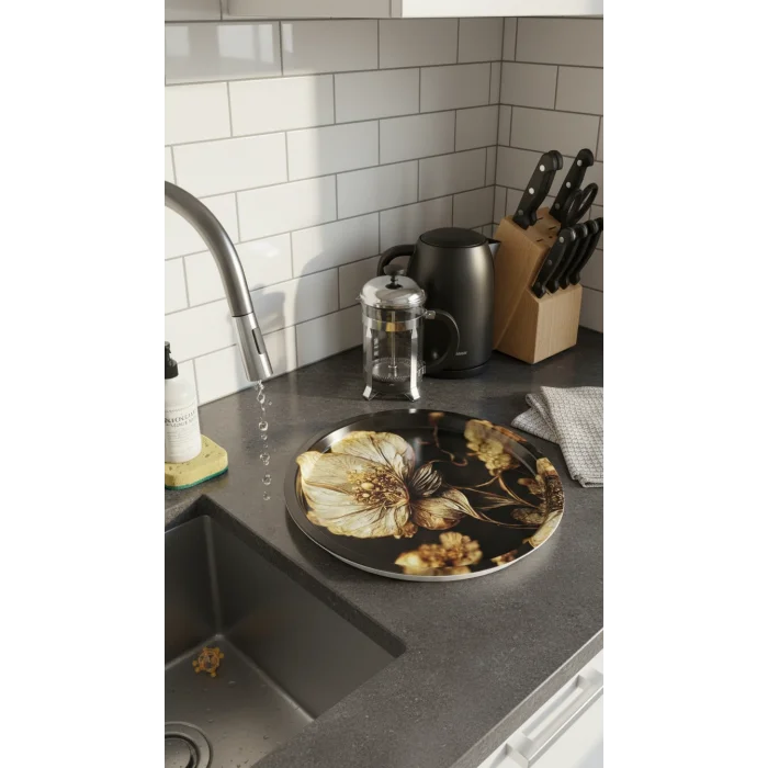 Premium 35 cm Dekoratif Metal Yuvarlak Tepsi – Özel Tasarım