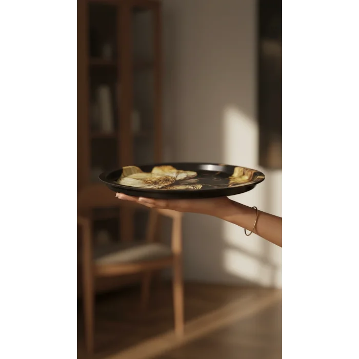 Premium 35 cm Dekoratif Metal Yuvarlak Tepsi – Özel Tasarım