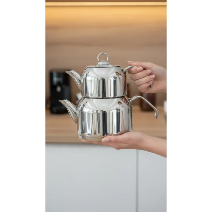 Delux Premium 4 Parça Çaydanlık Seti – Orta Boy Platin