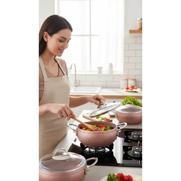 Özkent Döküm Rose Çelik Sap 3lü Granit Güveç Tencere Set