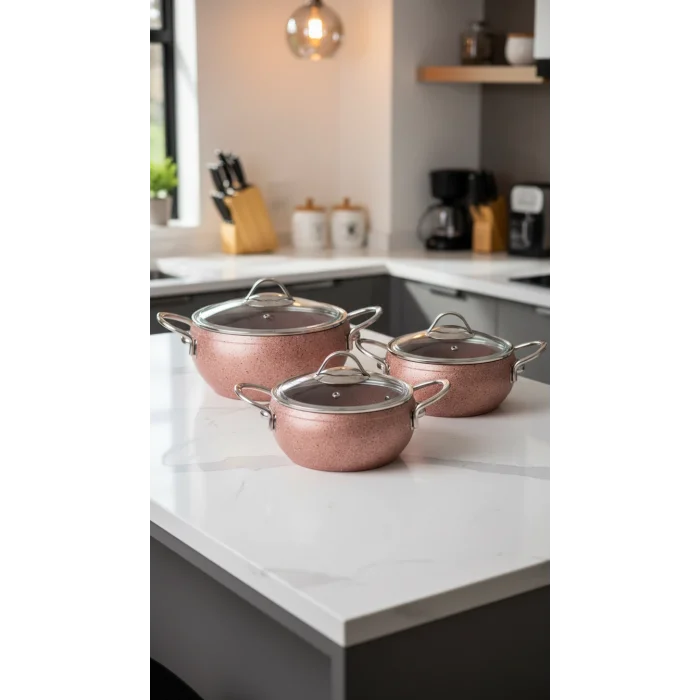 Özkent Döküm Rose Çelik Sap 3lü Granit Güveç Tencere Set