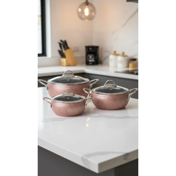 Özkent Döküm Rose Çelik Sap 3lü Granit Güveç Tencere Set