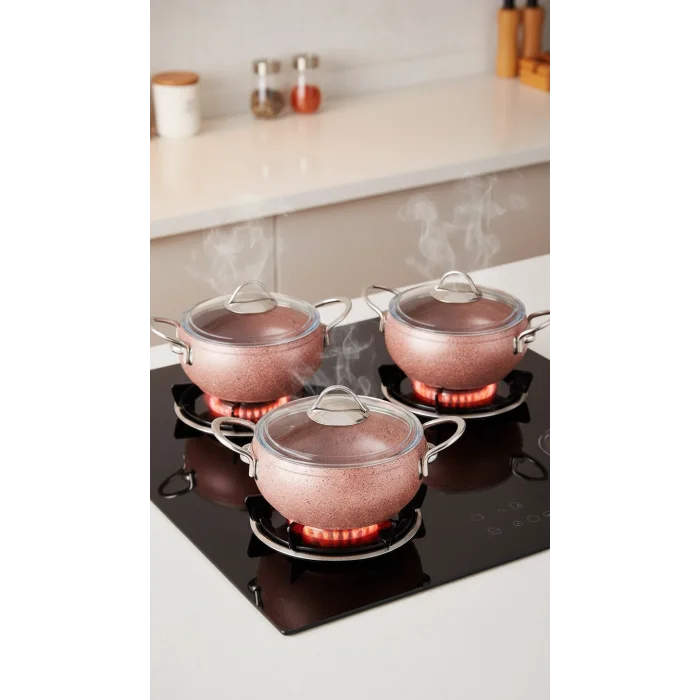 Özkent Döküm Rose Çelik Sap 3lü Granit Güveç Tencere Set