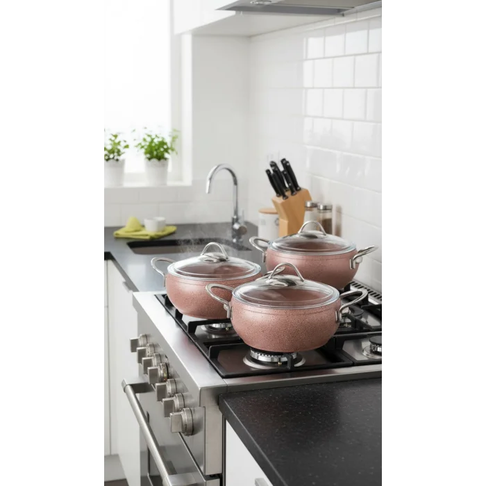 Özkent Döküm Rose Çelik Sap 3lü Granit Güveç Tencere Set