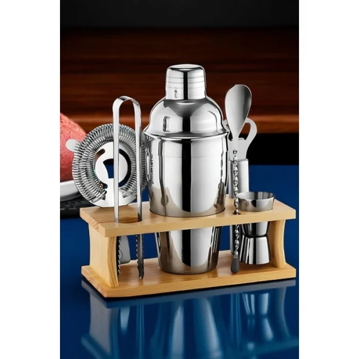 Shaker Kokteyl Set - 7 Parça 550 ml Shaker Coctail Set Bambu Standlı