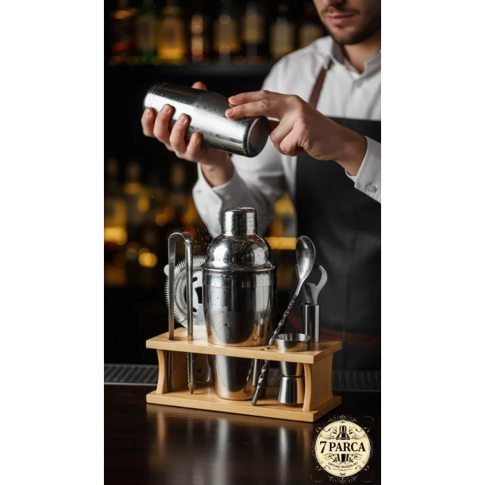 Shaker Kokteyl Set - 7 Parça 550 ml Shaker Coctail Set Bambu Standlı