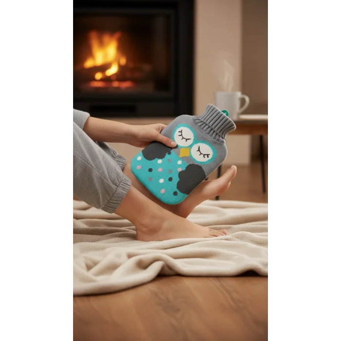 Baykuş Desenli Örgü Kılıflı Sıcak Su Torbası - 1.8 Litre