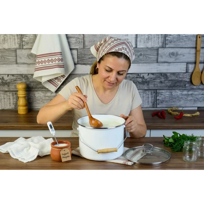 Tasarım Emaye Yoğurt Tenceresi Emaye Bakraç 20cm 5,25 lt Beyaz