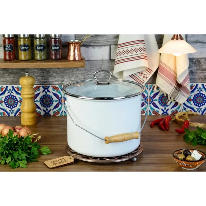 Tasarım Emaye Yoğurt Tenceresi Emaye Bakraç 20cm 5,25 lt Beyaz