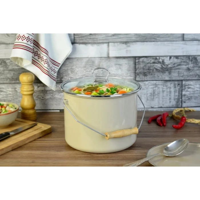 Tasarım Emaye Yoğurt Tenceresi Emaye Bakraç 20cm 5,25 lt Bej