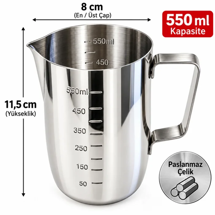 Premium Paslanmaz Çelik Ölçü ve Karıştırma Kabı 550 ml – Sütlük, Süt Potu, Barista Ölçü Kabı