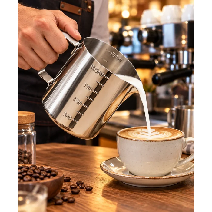 Premium Paslanmaz Çelik Ölçü ve Karıştırma Kabı 900 ml – Sütlük, Süt Potu, Barista Ölçü Kabı