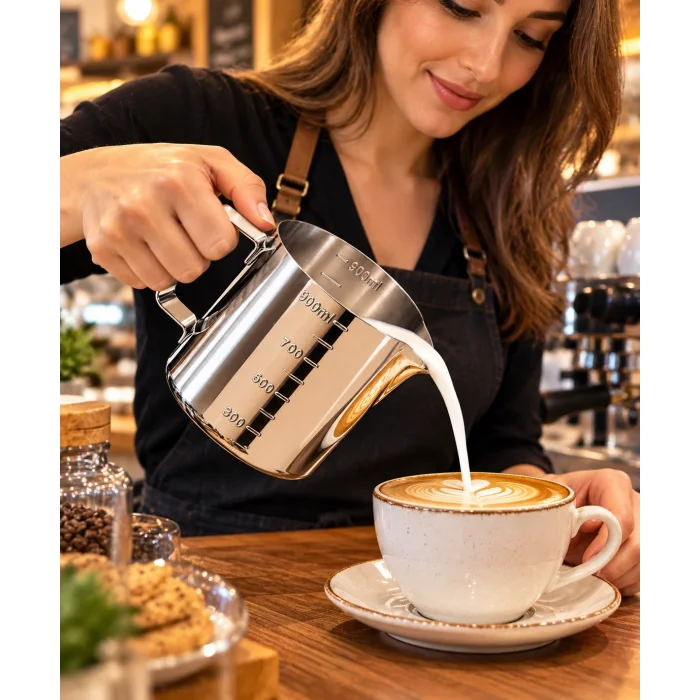 Premium Paslanmaz Çelik Ölçü ve Karıştırma Kabı 900 ml – Sütlük, Süt Potu, Barista Ölçü Kabı