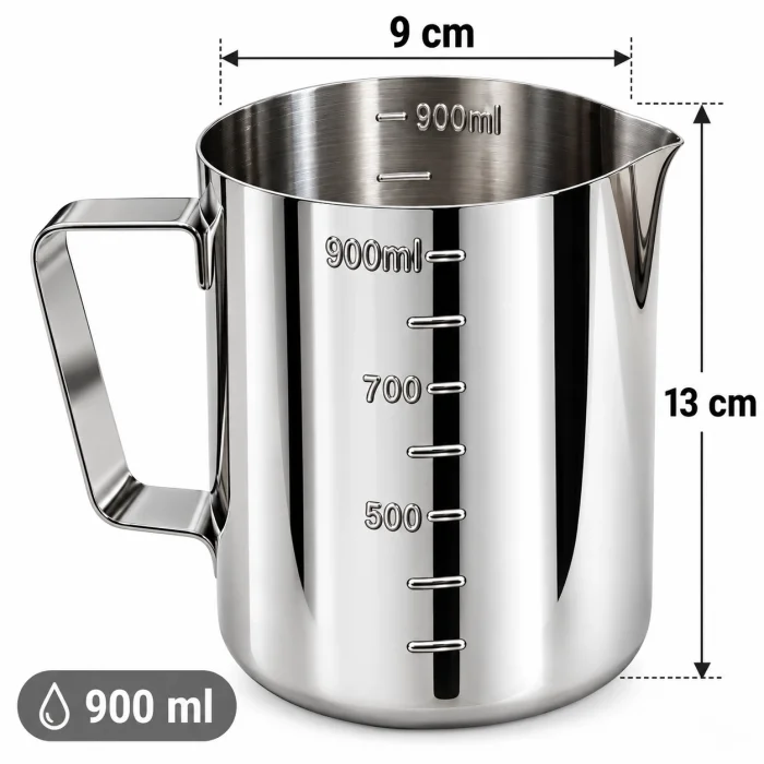 Premium Paslanmaz Çelik Ölçü ve Karıştırma Kabı 900 ml – Sütlük, Süt Potu, Barista Ölçü Kabı